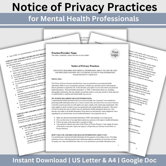 Notice of Privacy Practices - HIPAA for mental health professionals. Easily customize the template to fit your practice's unique needs, State requirements, maintain client privacy with secure Google Doc forma