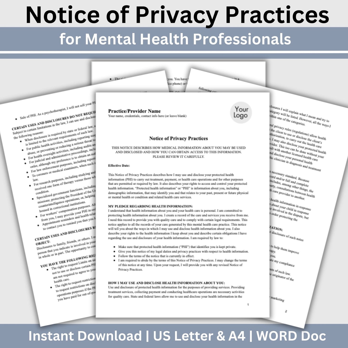 Notice of Privacy Practices - HIPAA for mental health professionals. Easily customize the template to fit your practice's unique needs, State requirements, maintain client privacy with secure WORD Doc format