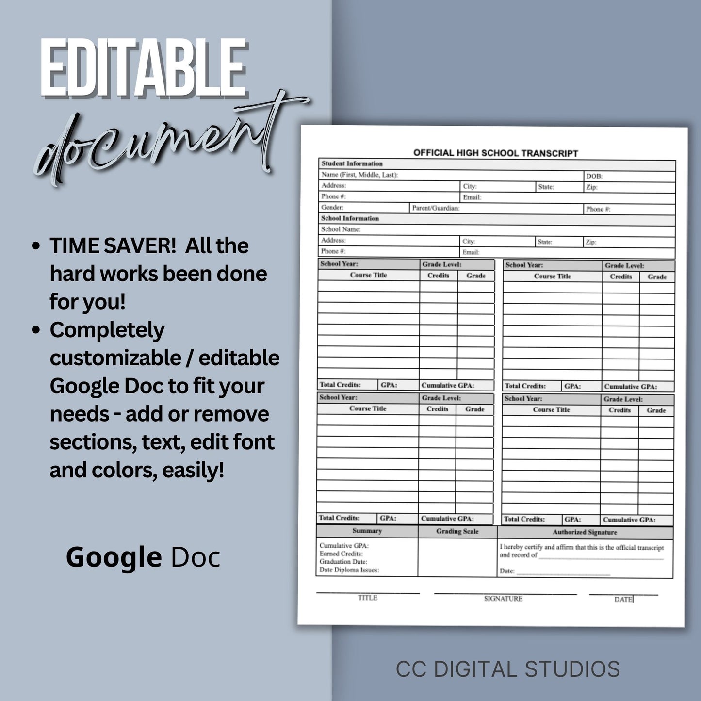 Editable High School Transcript Template, Homeschool Academic Record (Google Doc)