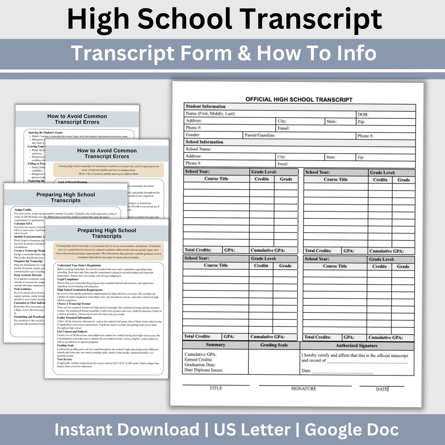 Editable High School Transcript Template, Homeschool Academic Record (Google Doc)