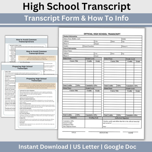Editable High School Transcript Template, Homeschool Academic Record (Google Doc)