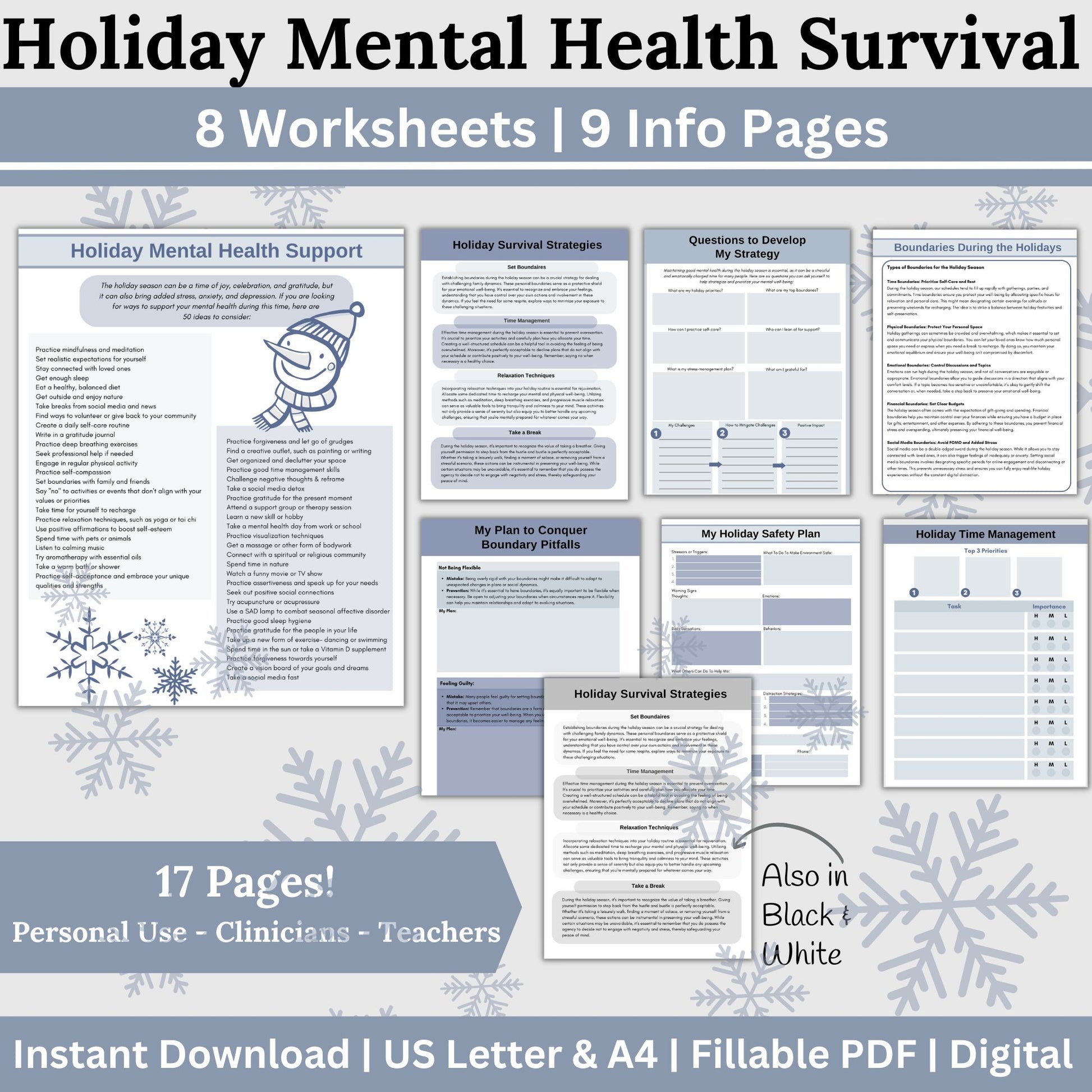 Holiday Survival Mental Health Worksheets, Managing Grief Gift, Boundaries Setting, Holiday Mental Health Support, Holiday Self Care