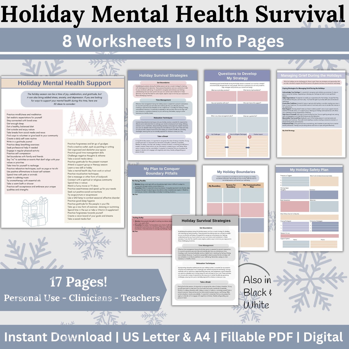 Holiday Survival Mental Health Worksheets, Managing Grief Gift, Boundaries Setting, Holiday Mental Health Support, Holiday Self Care