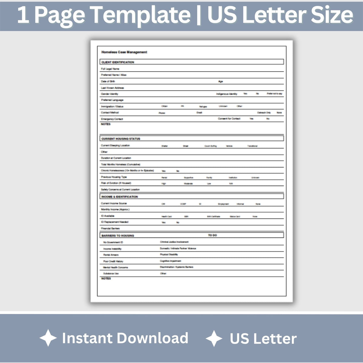 Homeless Case Management Form, Housing Assessment Template, Fillable PDF