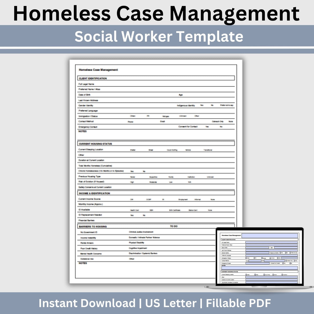 Homeless Case Management Form, Housing Assessment Template, Fillable PDF