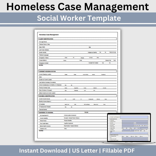 Homeless Case Management Form, Housing Assessment Template, Fillable PDF