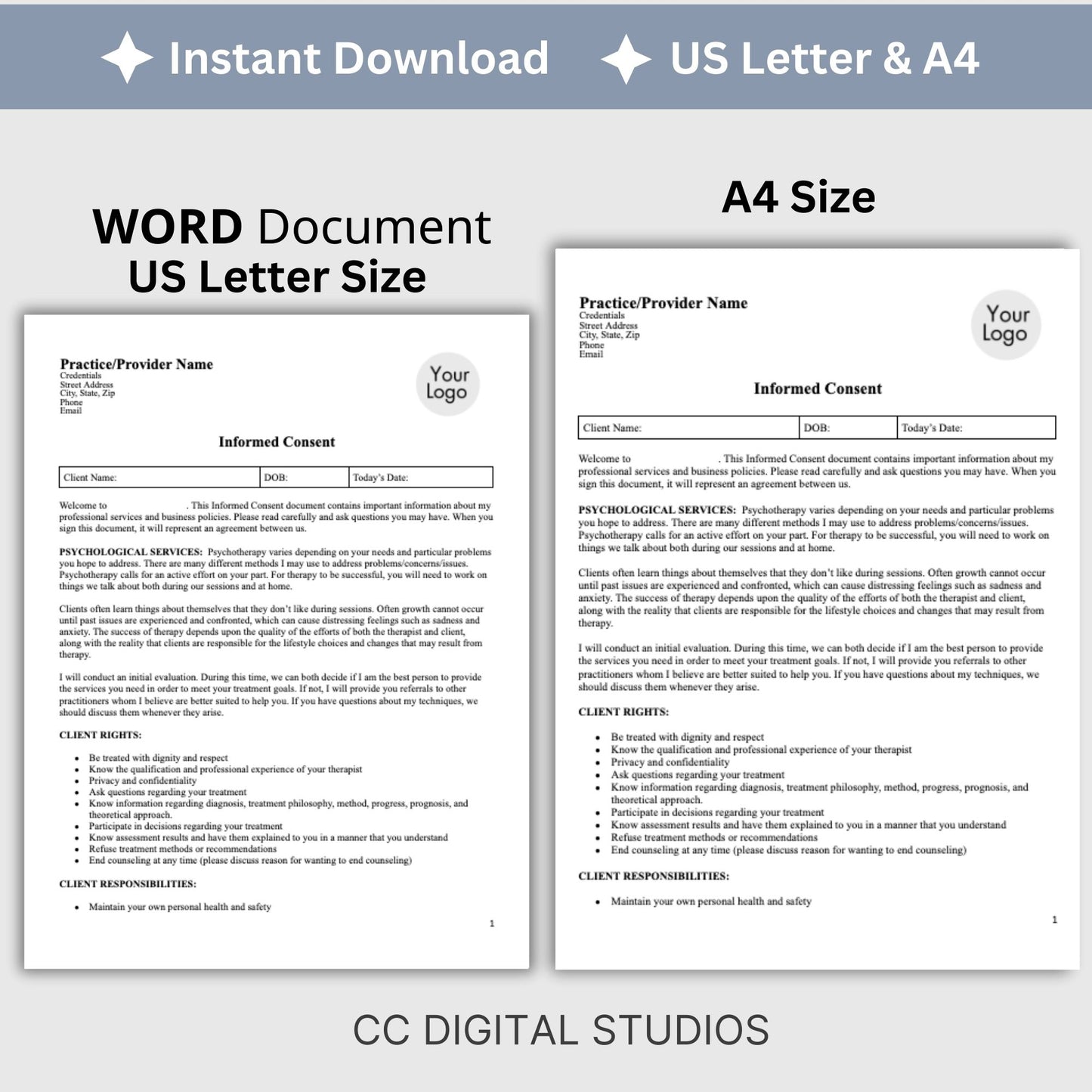 Informed Consent for Mental Health Providers, Editable WORD Doc, Private Practice Paperwork, Therapy Office Template, Therapy Tools