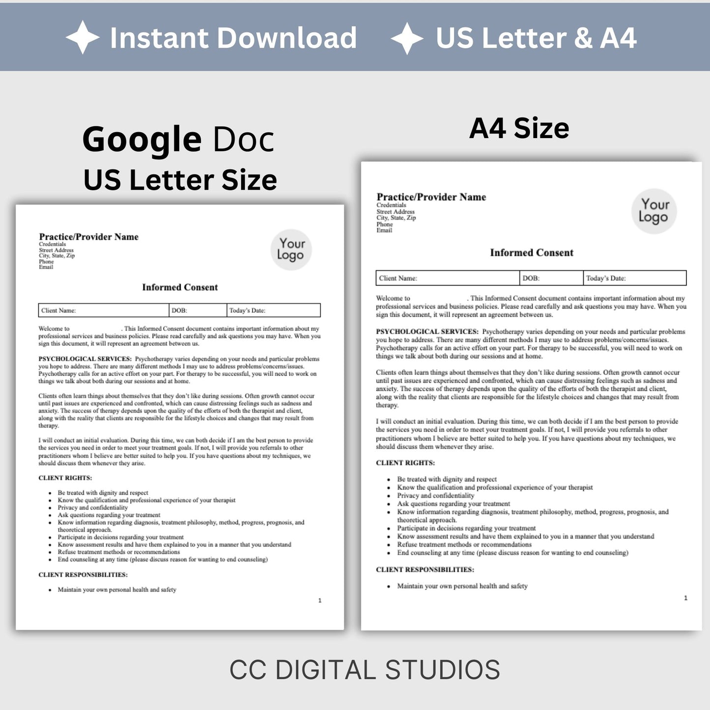 Informed Consent Therapy Form, Editable Google Doc, Client Intake Form, Psychologist Office, Therapist Office Documentation, Counseling