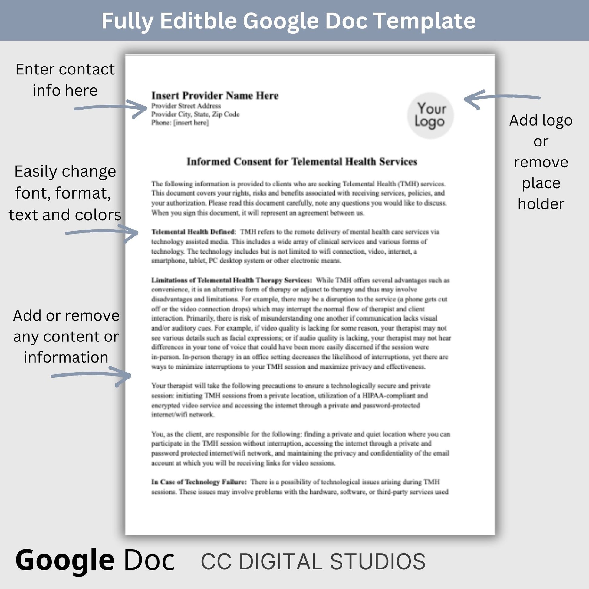 Informed Consent template for minors seeking Telemental Health services.