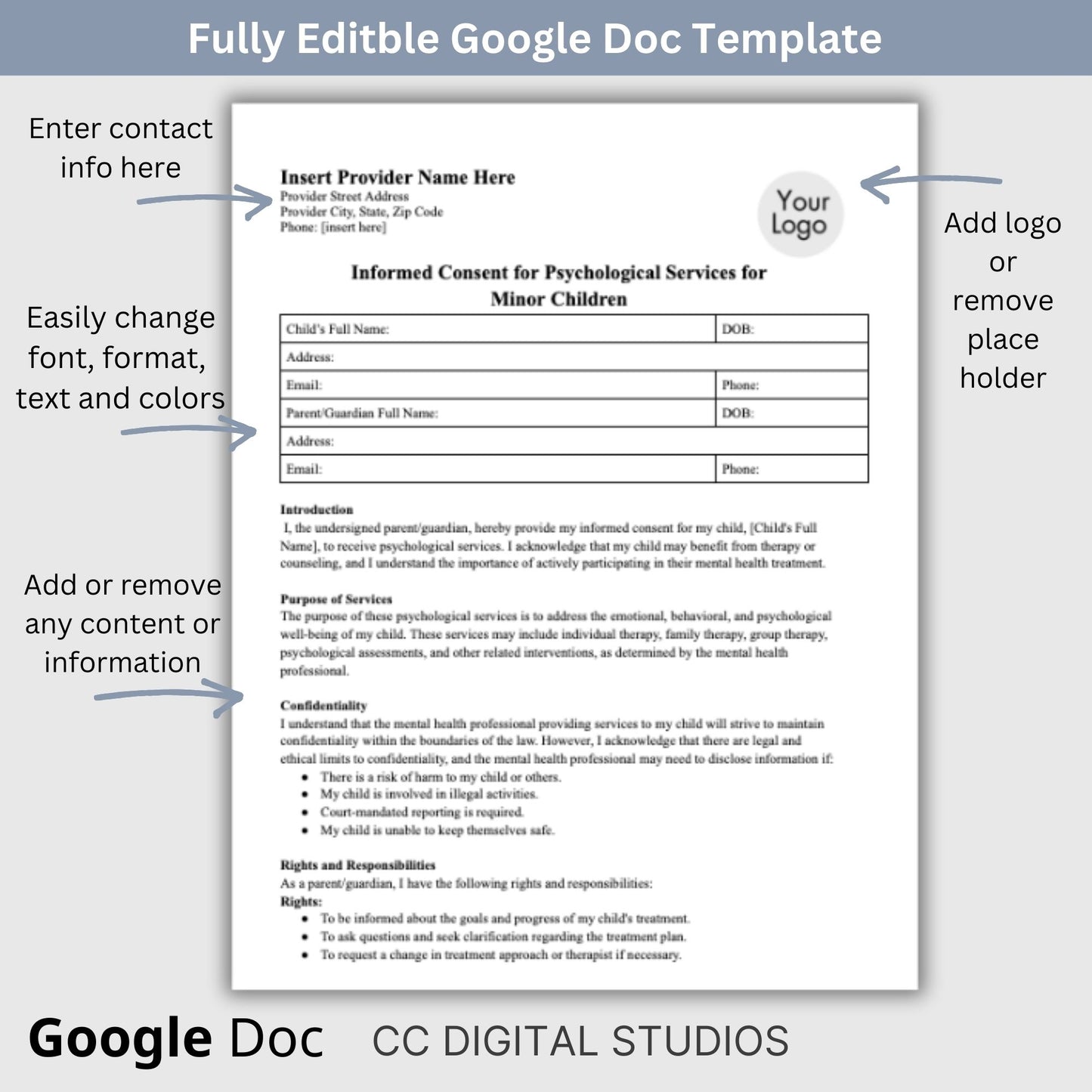 Consent for minor children mental health template. This versatile document provides you with an easy and flexible way to obtain informed consent for mental health services for minors. 