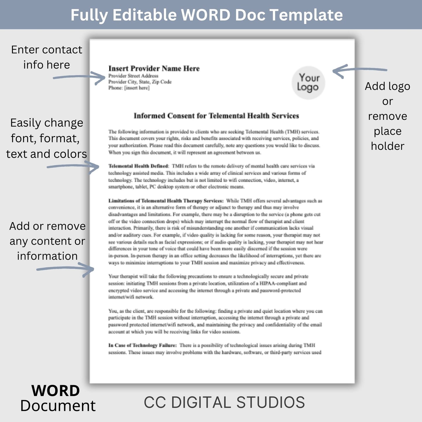 Informed Consent Telemental Health for Minors, Editable WORD Doc, Telehealth Form, Adolescent Therapy, Psychotherapy Forms