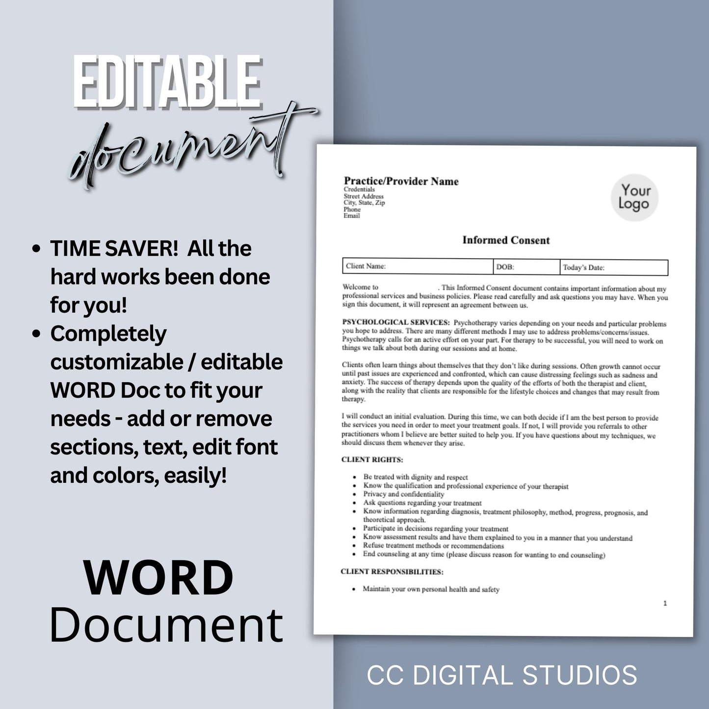 Informed Consent for Mental Health Providers, Editable WORD Doc, Private Practice Paperwork, Therapy Office Template, Therapy Tools