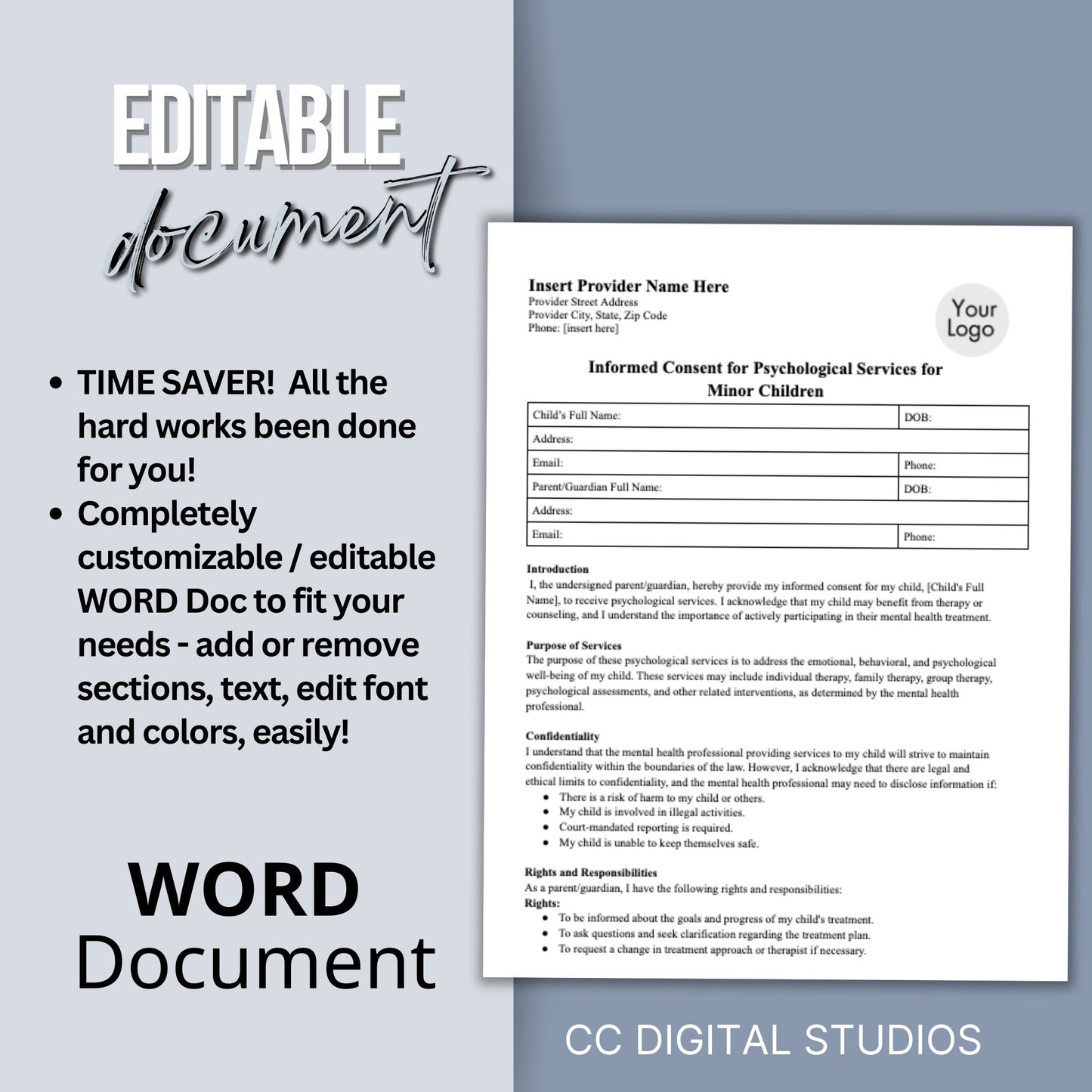 Informed Consent for minor children, designed to provide you with a convenient and secure way to obtain informed consent for mental health services for minors. 