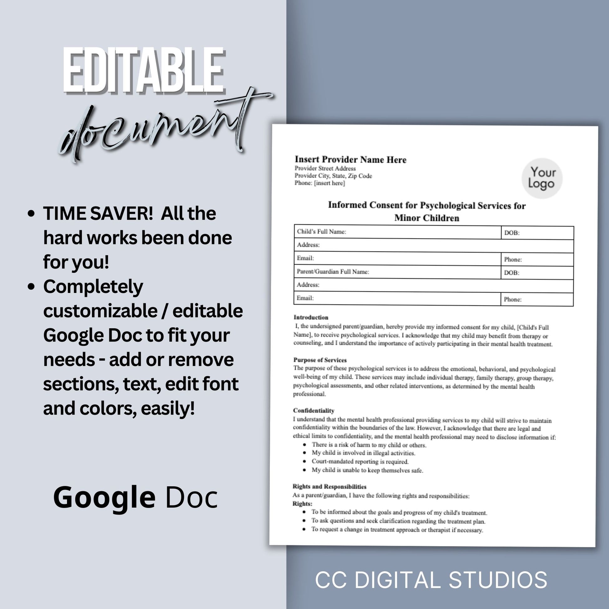 Consent for minor children mental health template. This versatile document provides you with an easy and flexible way to obtain informed consent for mental health services for minors. 