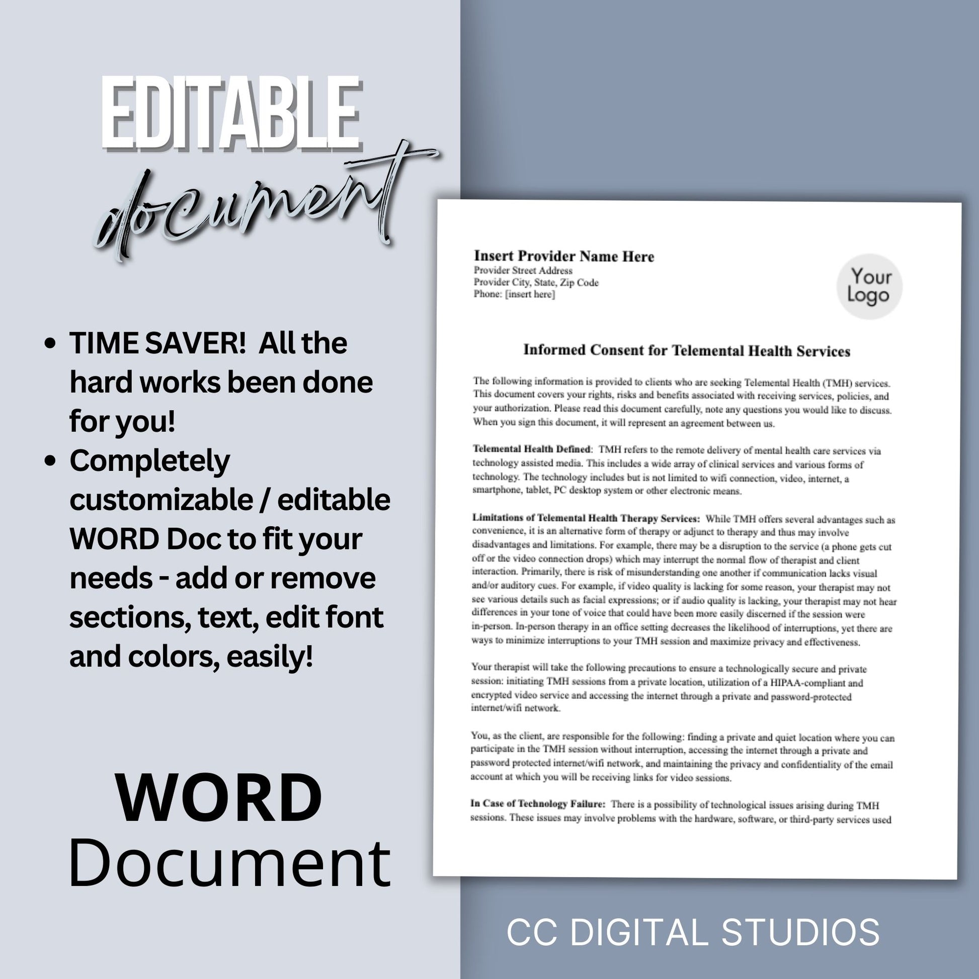 Informed Consent Telemental Health for Minors, Editable WORD Doc, Telehealth Form, Adolescent Therapy, Psychotherapy Forms