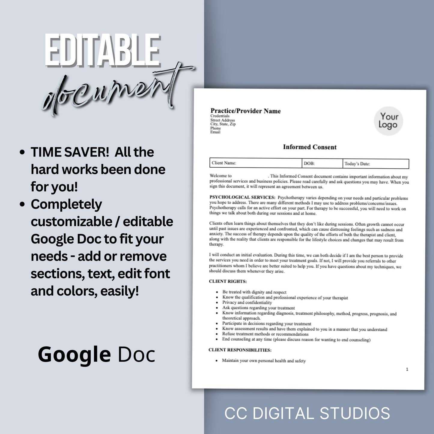 Informed Consent Therapy Form, Editable Google Doc, Client Intake Form, Psychologist Office, Therapist Office Documentation, Counseling