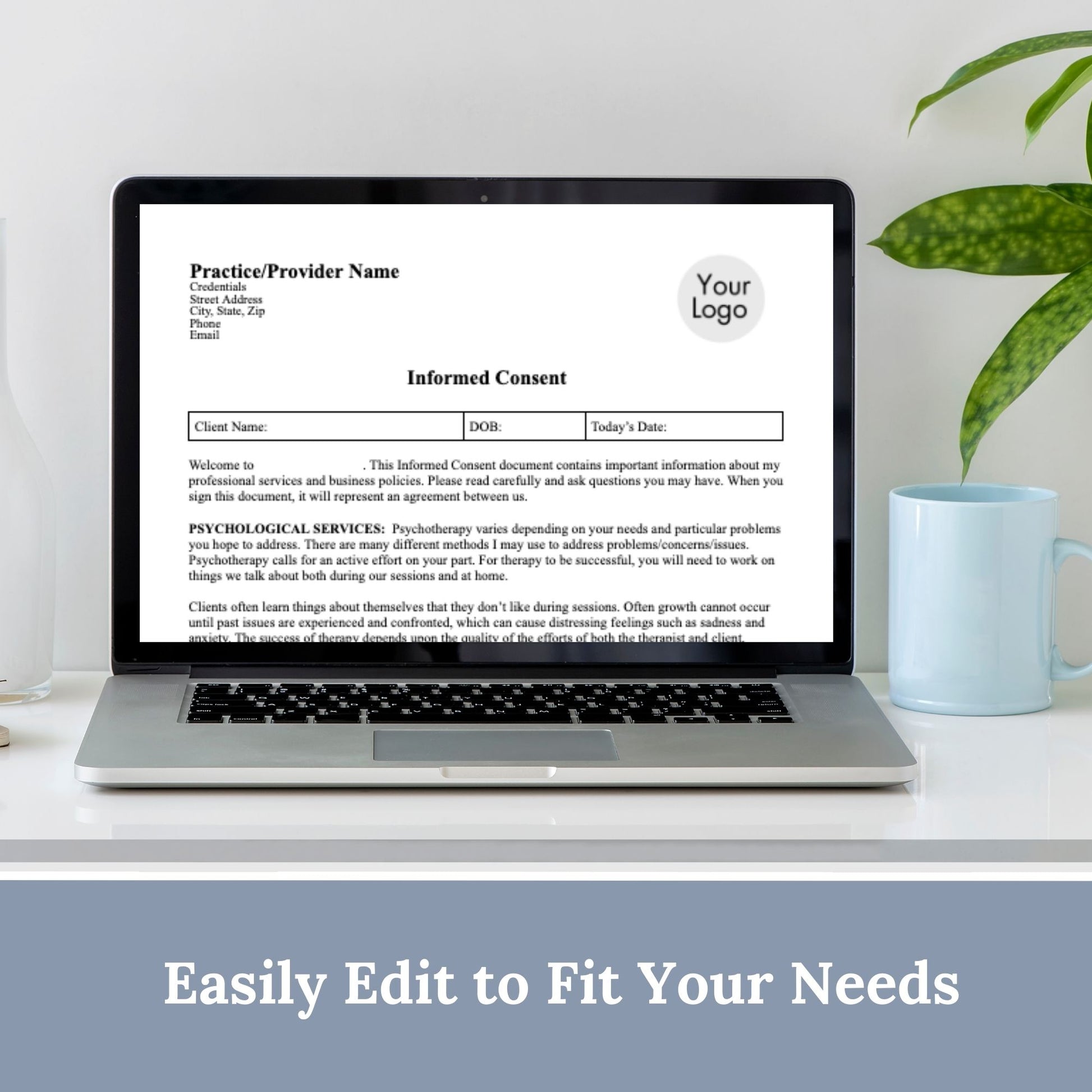 Informed Consent Therapy Form, Editable Google Doc, Client Intake Form, Psychologist Office, Therapist Office Documentation, Counseling