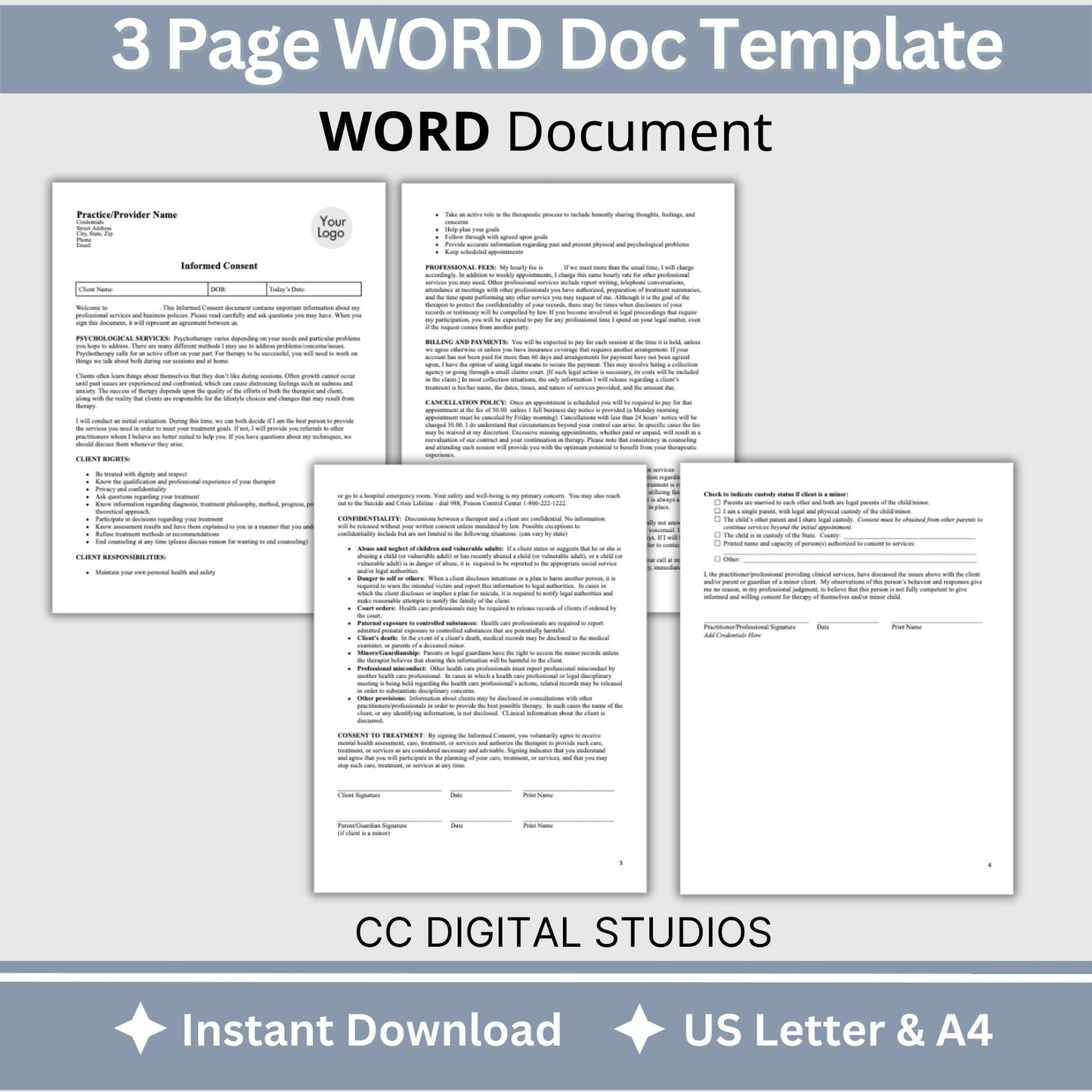 Informed Consent for Mental Health Providers, Editable WORD Doc, Private Practice Paperwork, Therapy Office Template, Therapy Tools