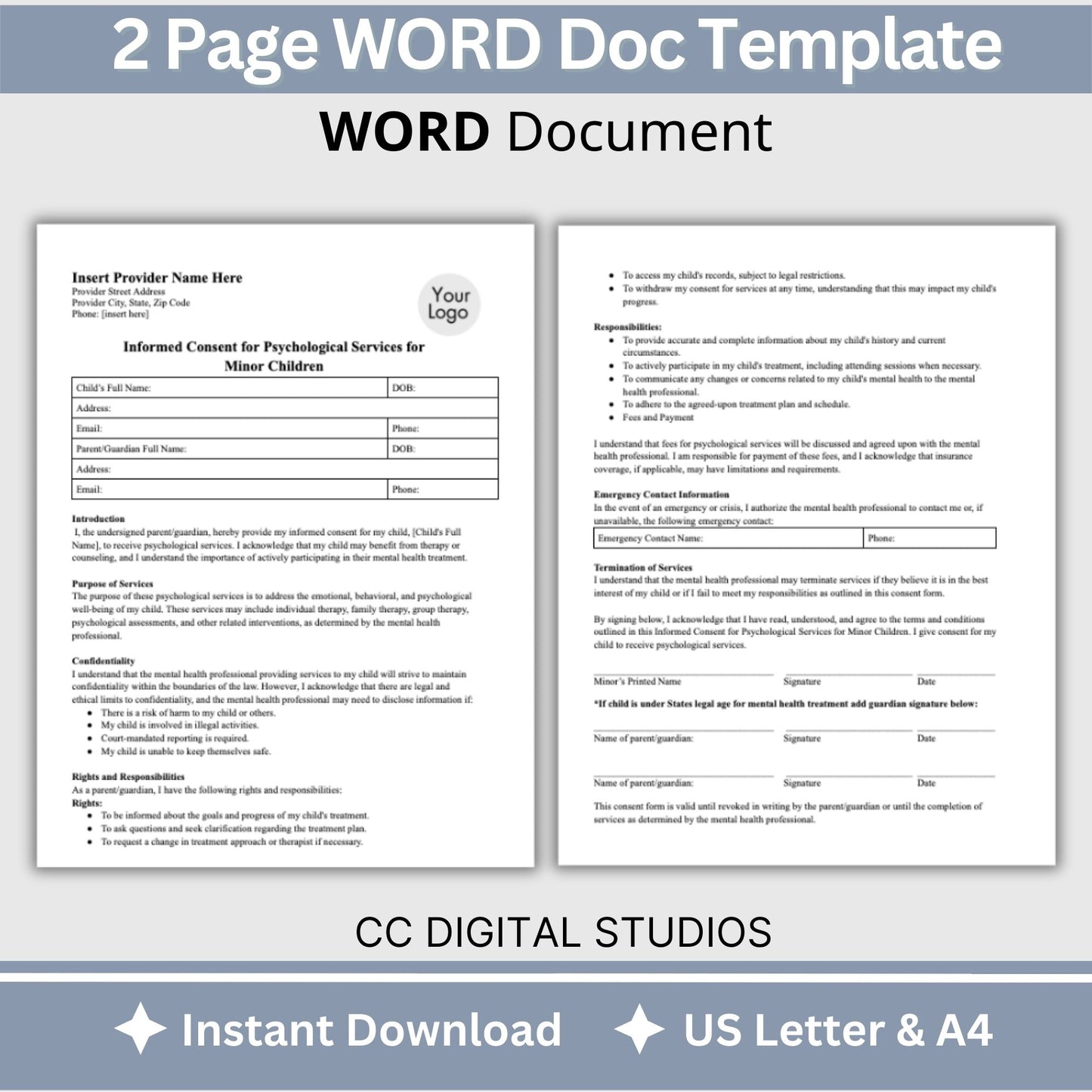 Informed Consent for minor children, designed to provide you with a convenient and secure way to obtain informed consent for mental health services for minors. 