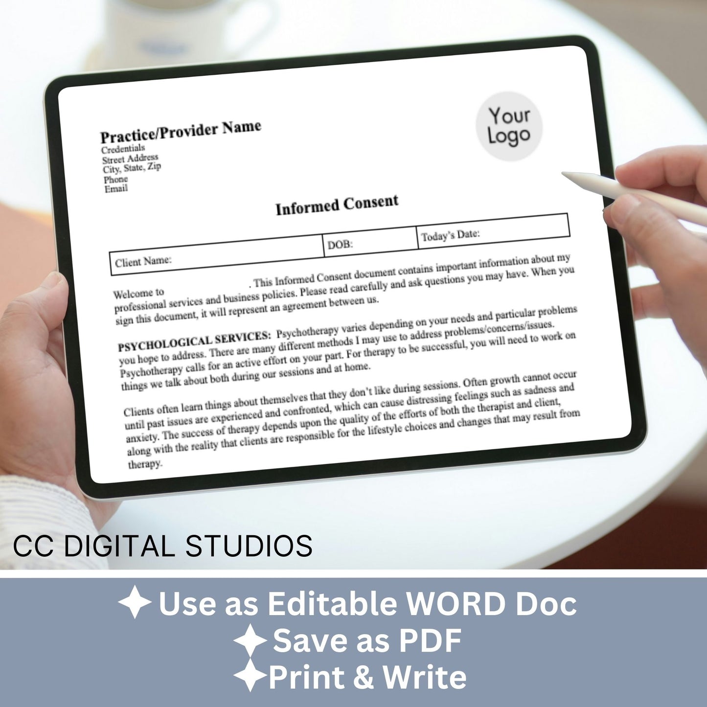 Informed Consent for Mental Health Providers, Editable WORD Doc, Private Practice Paperwork, Therapy Office Template, Therapy Tools