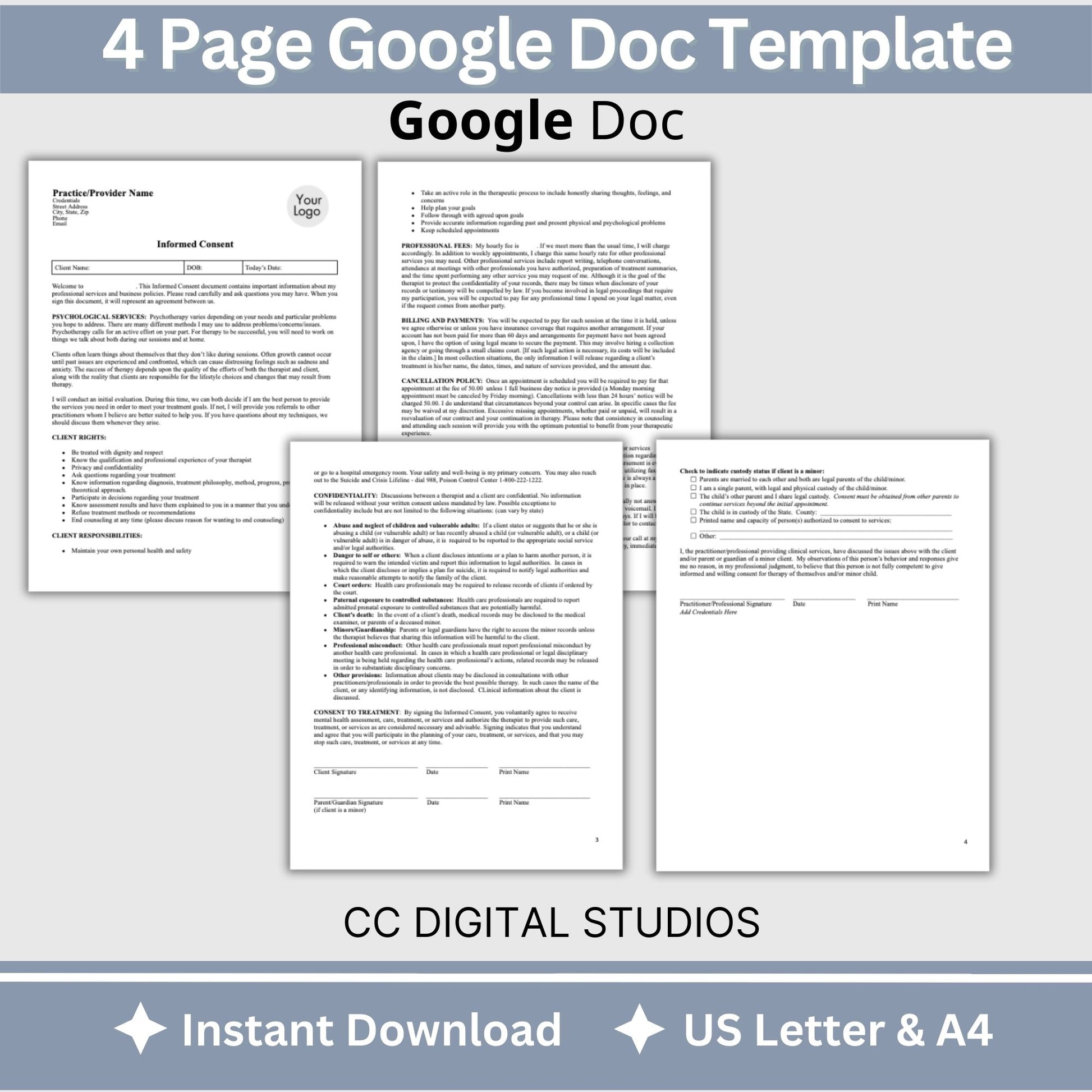 Informed Consent Therapy Form, Editable Google Doc, Client Intake Form, Psychologist Office, Therapist Office Documentation, Counseling