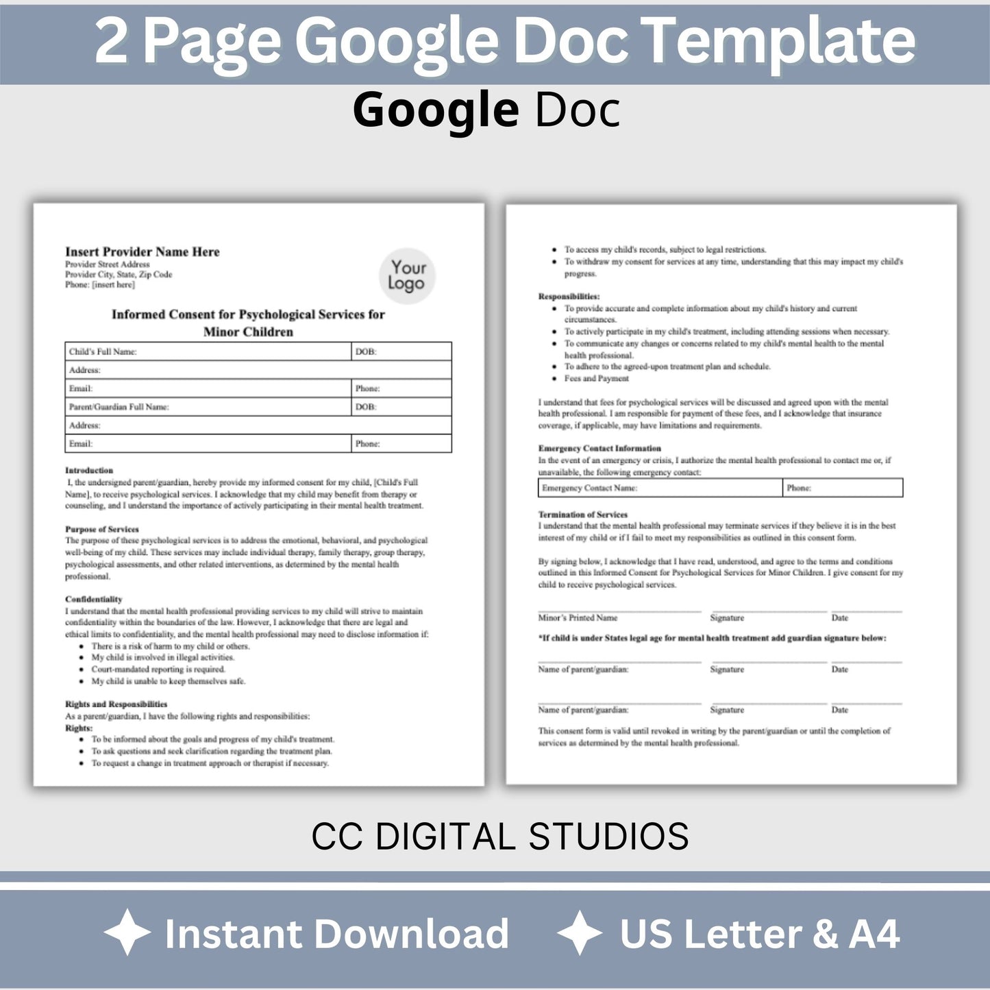 Consent for minor children mental health template. This versatile document provides you with an easy and flexible way to obtain informed consent for mental health services for minors. 