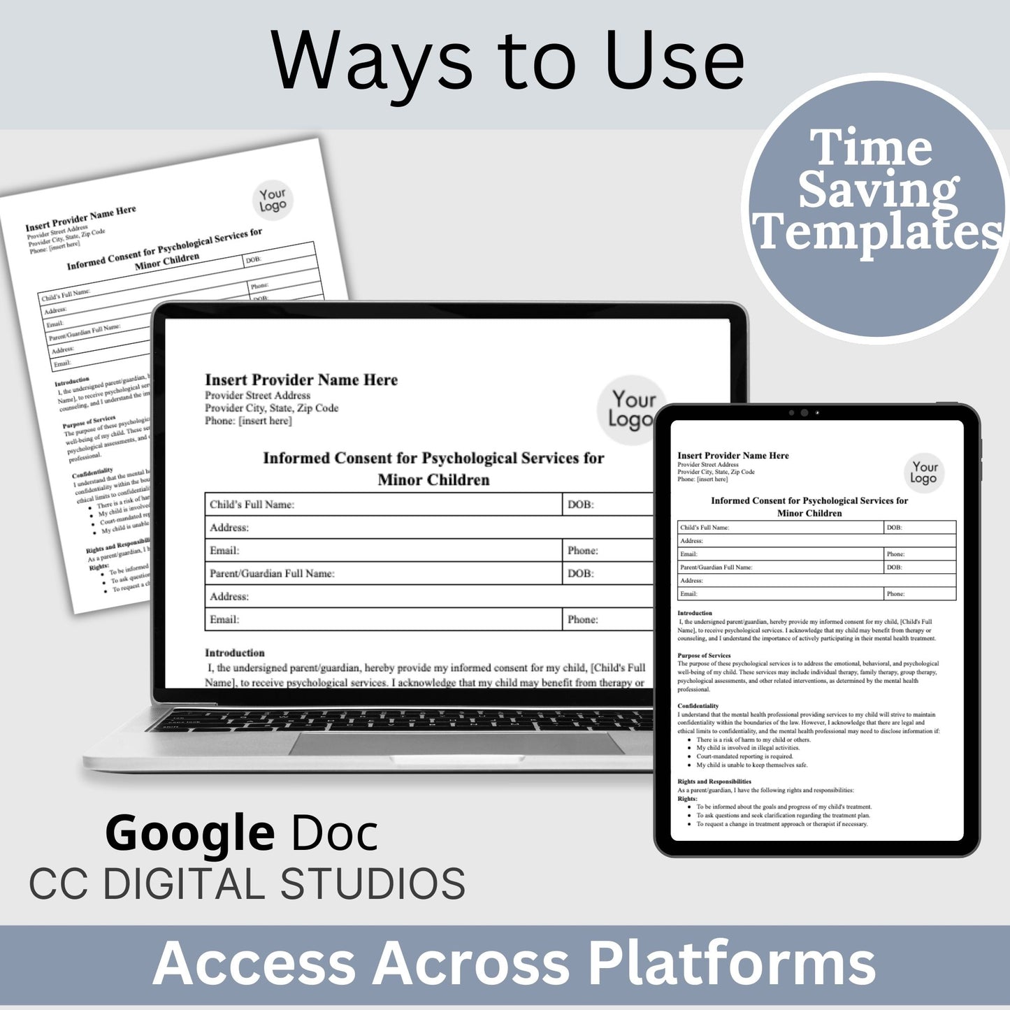 Consent for minor children mental health template. This versatile document provides you with an easy and flexible way to obtain informed consent for mental health services for minors. 