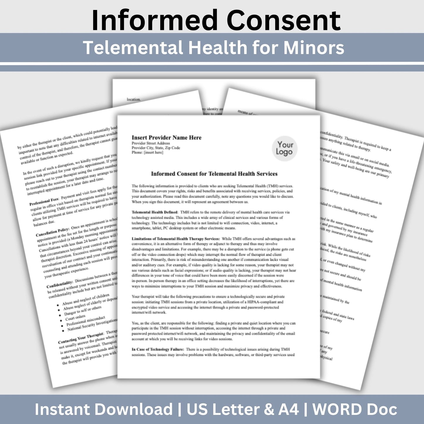 Informed Consent Telemental Health for Minors, Editable WORD Doc, Telehealth Form, Adolescent Therapy, Psychotherapy Forms