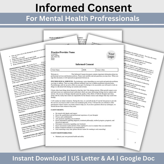 Informed Consent Therapy Form, Editable Google Doc, Client Intake Form, Psychologist Office, Therapist Office Documentation, Counseling