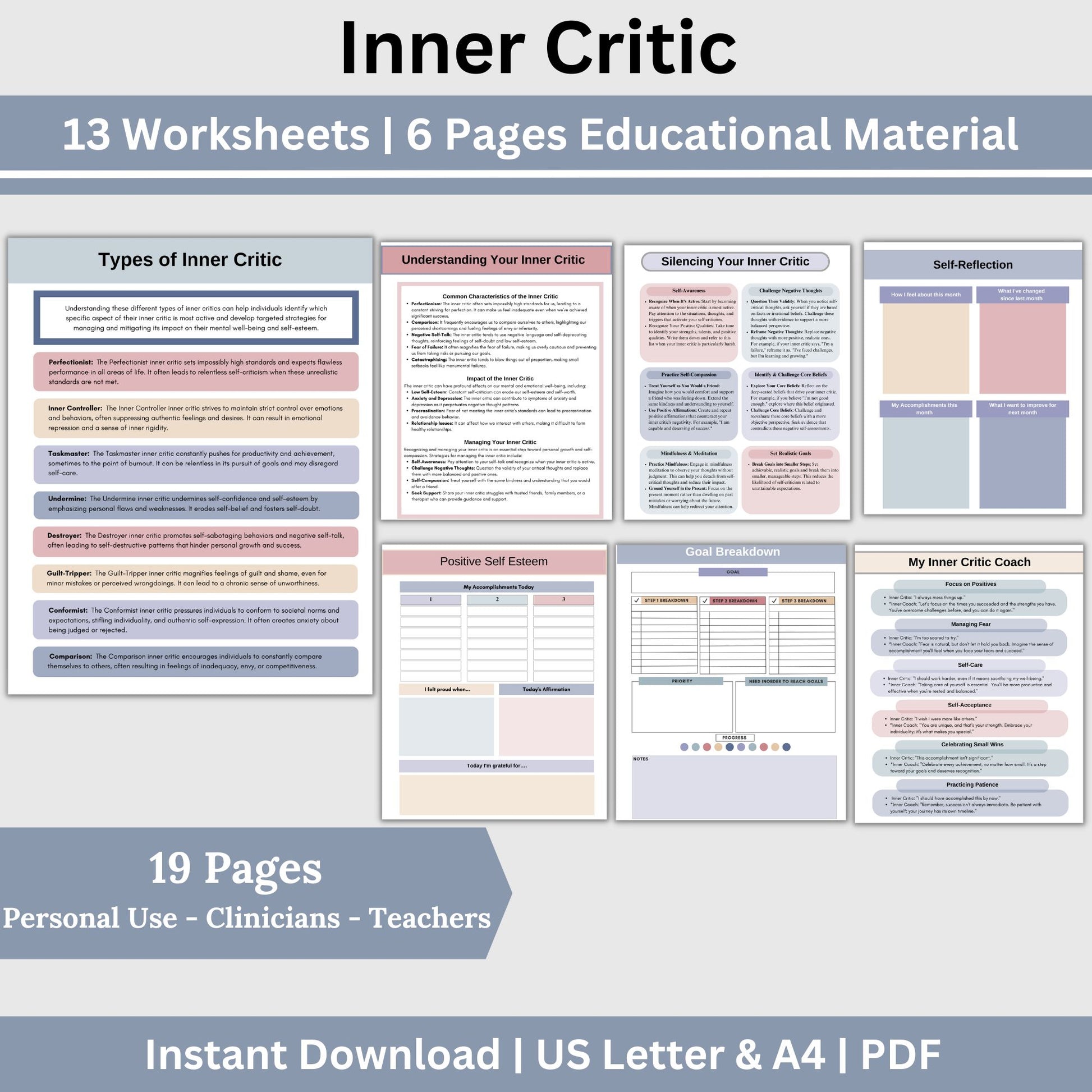 Inner Critic therapy resources, rooted in CBT, empower you to silence your inner critic, boost self-esteem, and foster self-compassion. Counseling office therapy  resources