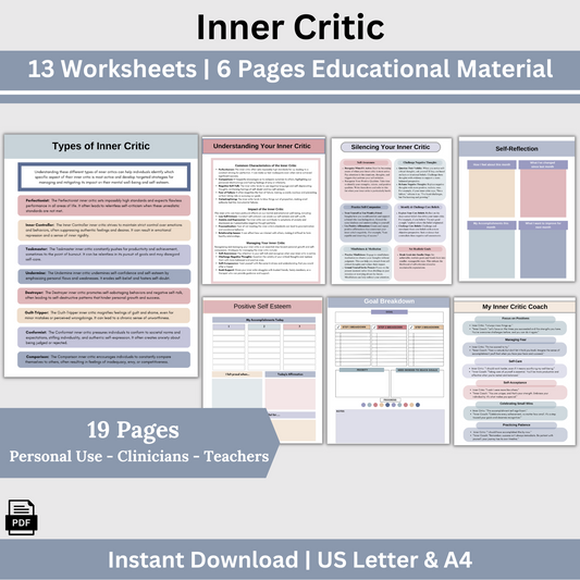 Inner Critic therapy resources, rooted in CBT, empower you to silence your inner critic, boost self-esteem, and foster self-compassion. Counseling office therapy  resources
