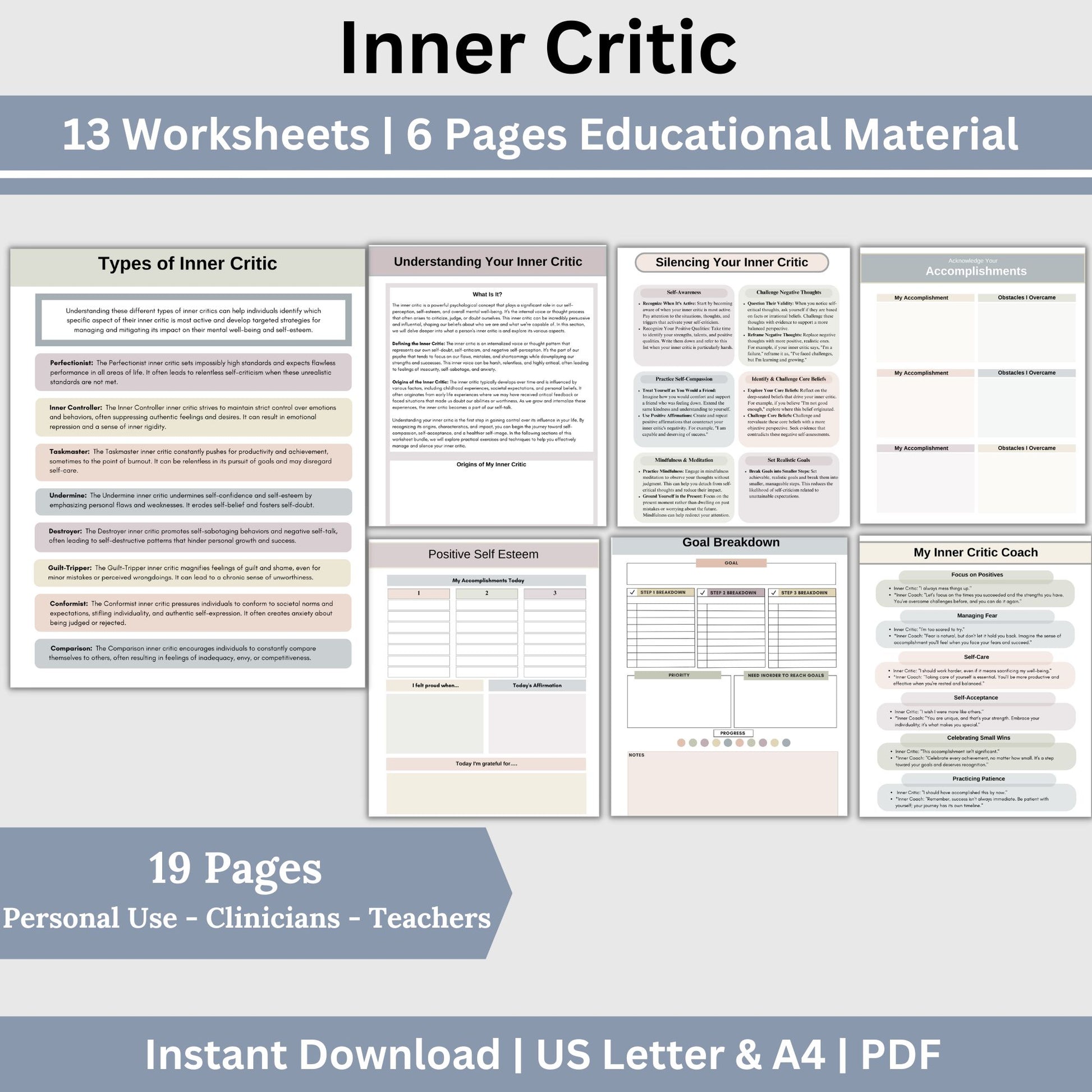 Inner Critic therapy resources, rooted in CBT, empower you to silence your inner critic, boost self-esteem, and foster self-compassion. Counseling office therapy  resources