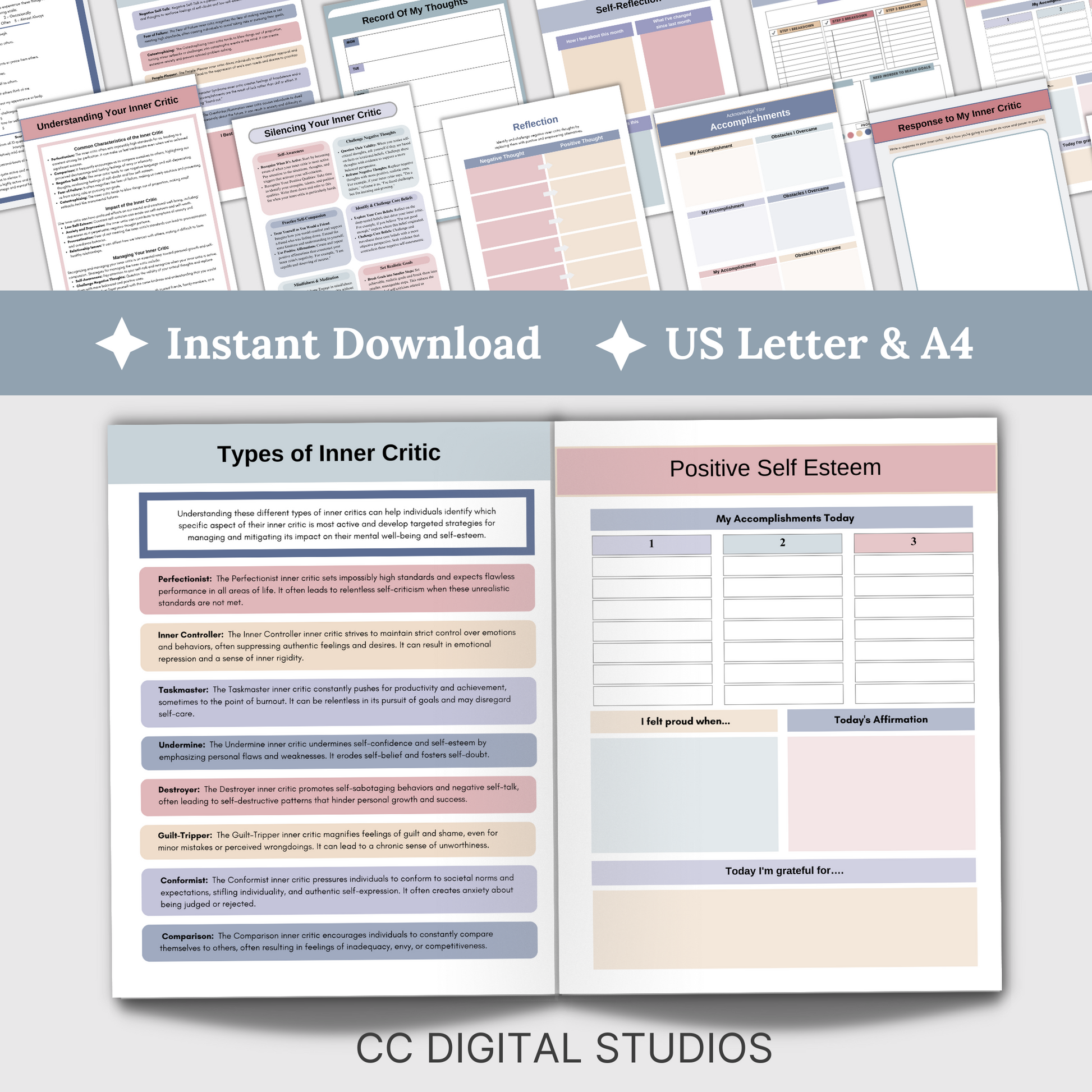 Inner Critic therapy resources, rooted in CBT, empower you to silence your inner critic, boost self-esteem, and foster self-compassion. Counseling office therapy  resources