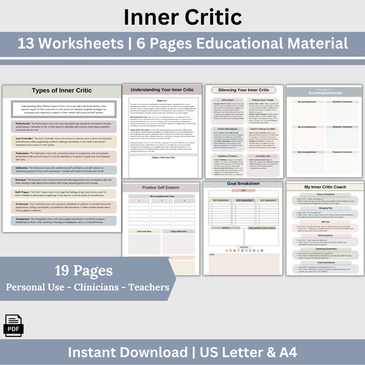 Inner Critic therapy resources, rooted in CBT, empower you to silence your inner critic, boost self-esteem, and foster self-compassion. Counseling office therapy  resources