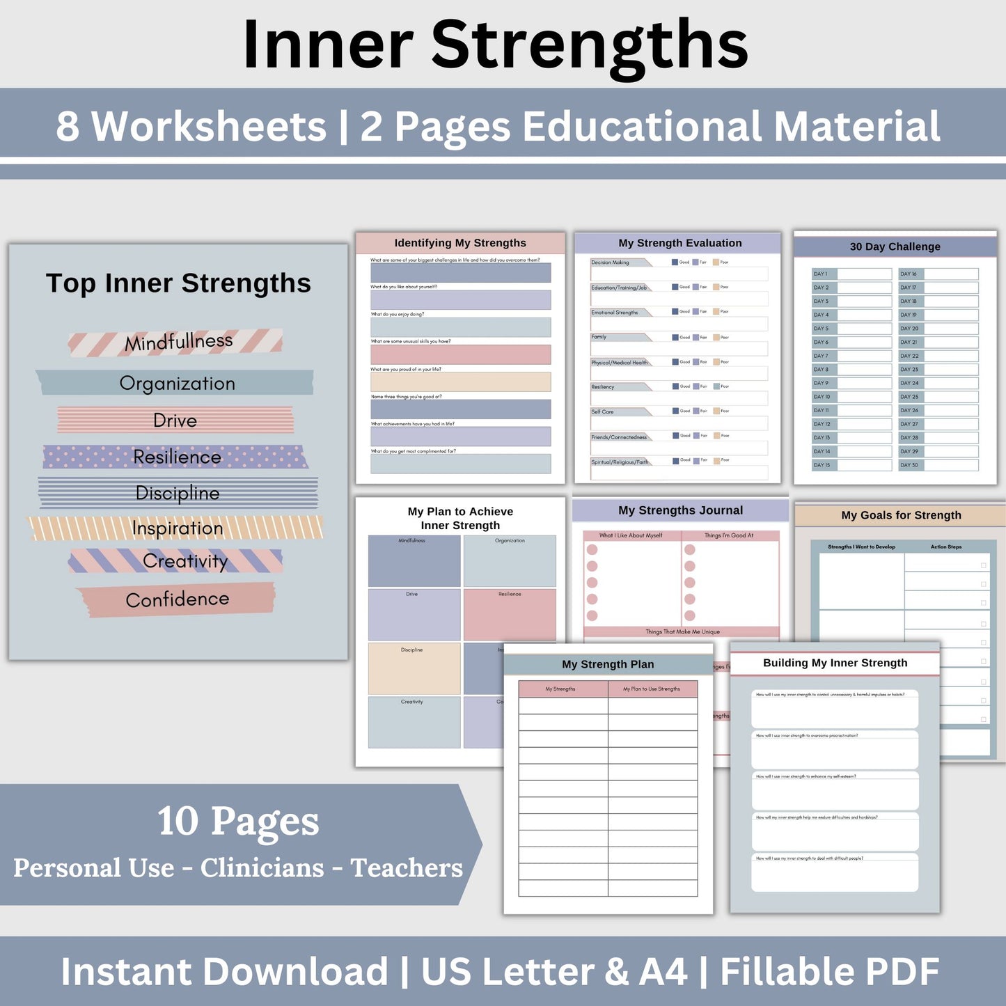 Inner Strength Worksheets - the perfect therapy resource for fostering personal growth!  These therapy worksheets are designed to provide anxiety relief and enhance coping skills in a strengths-based approach.