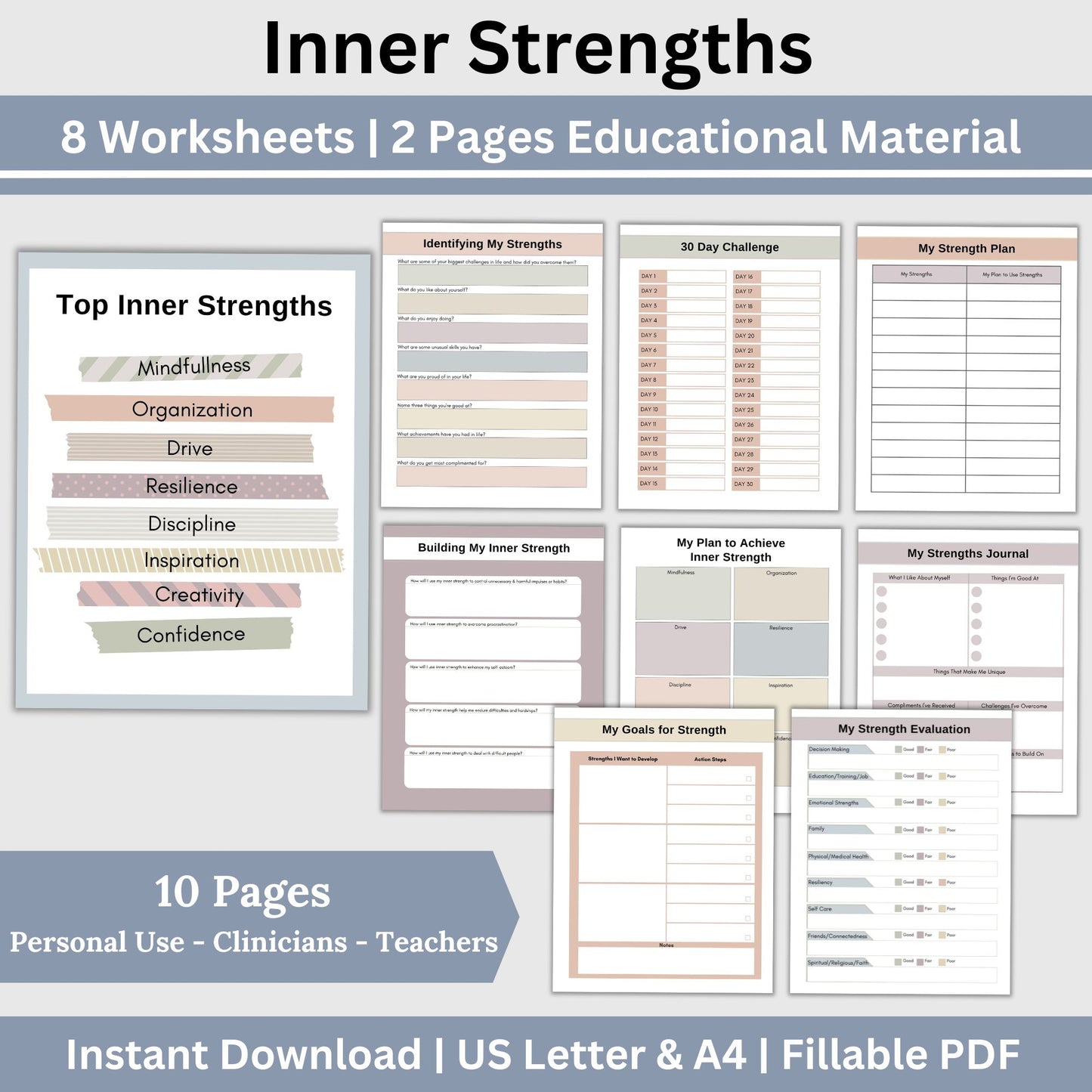 Inner Strength Worksheets - the perfect therapy resource for fostering personal growth!  These therapy worksheets are designed to provide anxiety relief and enhance coping skills in a strengths-based approach.