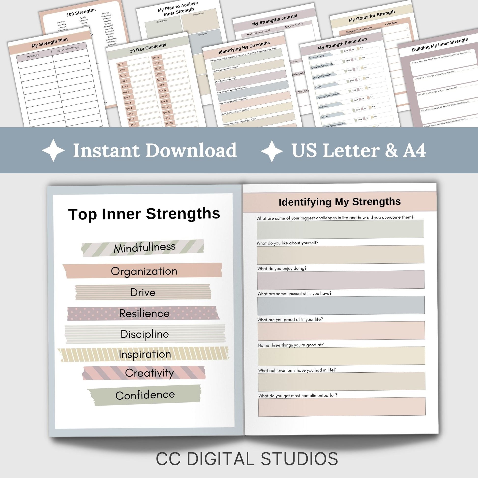 Inner Strength Worksheets - the perfect therapy resource for fostering personal growth!  These therapy worksheets are designed to provide anxiety relief and enhance coping skills in a strengths-based approach.