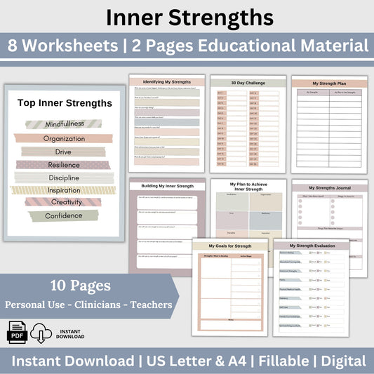 Inner Strength Worksheets - the perfect therapy resource for fostering personal growth!  These therapy worksheets are designed to provide anxiety relief and enhance coping skills in a strengths-based approach.