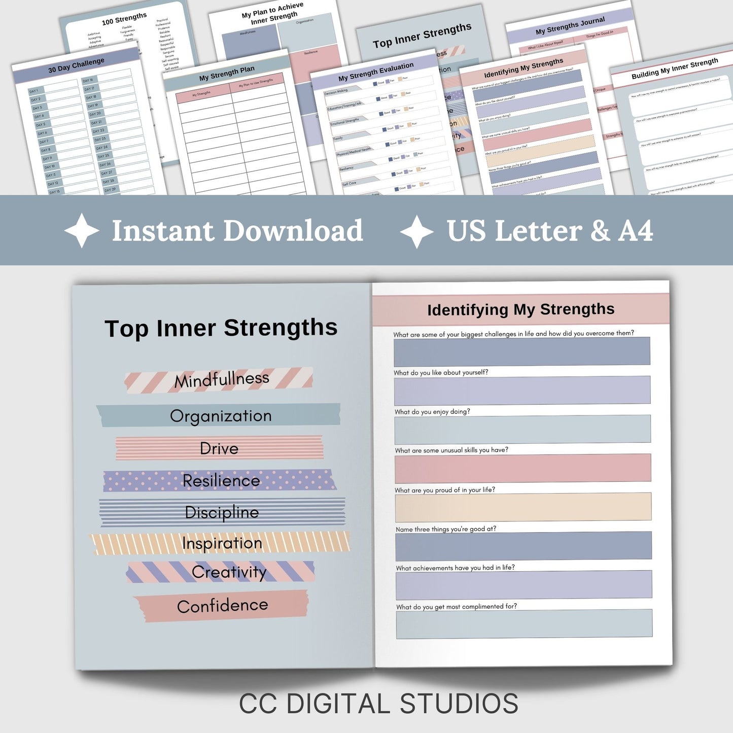 Inner Strength Worksheets - the perfect therapy resource for fostering personal growth!  These therapy worksheets are designed to provide anxiety relief and enhance coping skills in a strengths-based approach.