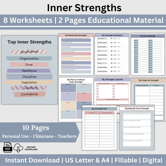 Inner Strength Worksheets - the perfect therapy resource for fostering personal growth!  These therapy worksheets are designed to provide anxiety relief and enhance coping skills in a strengths-based approach.