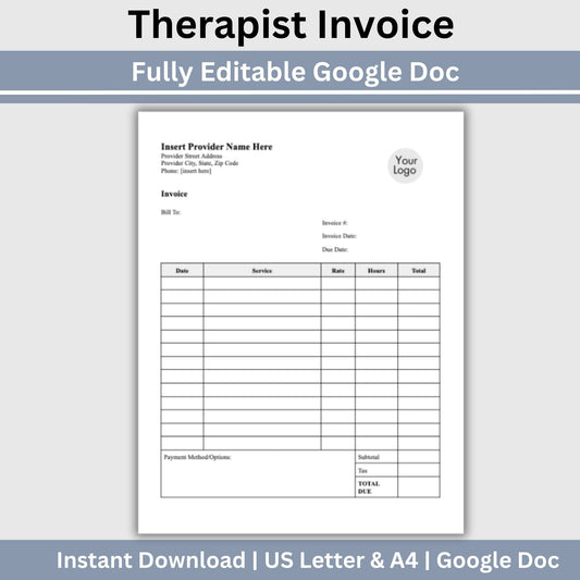 Invoice for billing in private practice.  Impress your clients with clear, concise, and personalized therapist office invoice that reflect your professionalism and attention to detail.