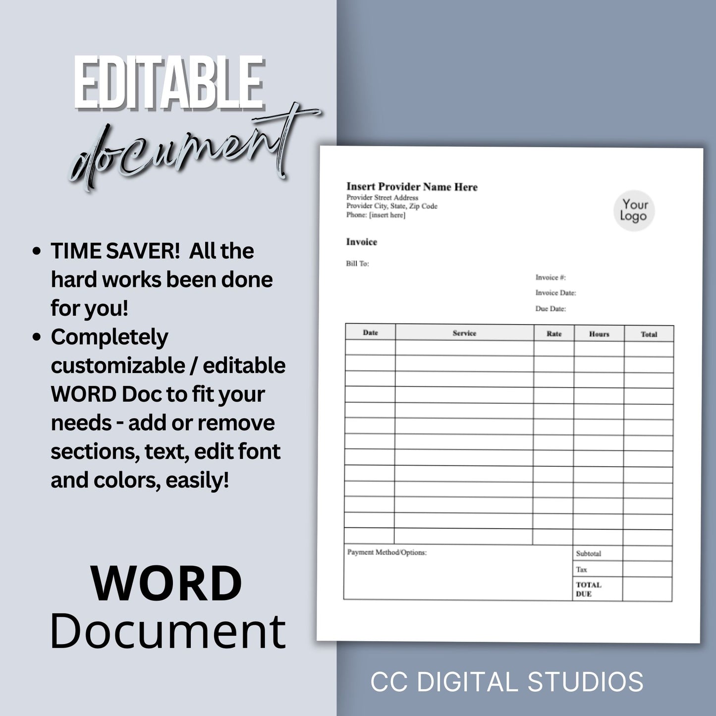 Invoice for billing in private practice.  Impress your clients with clear, concise, and personalized therapist office invoice that reflect your professionalism and attention to detail.