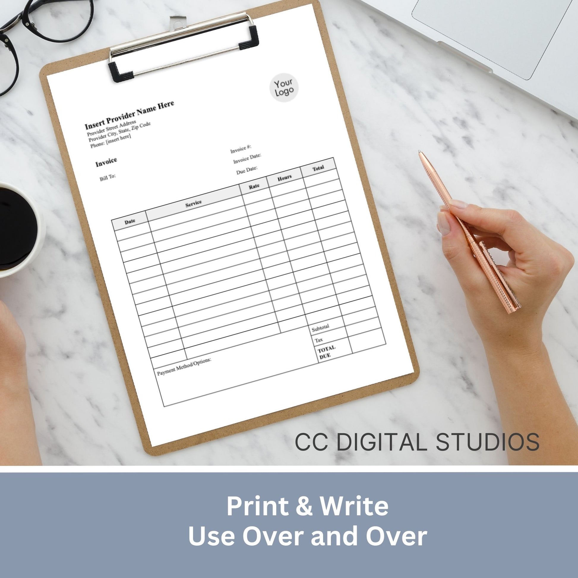 Invoice for billing in private practice.  Impress your clients with clear, concise, and personalized therapist office invoice that reflect your professionalism and attention to detail.