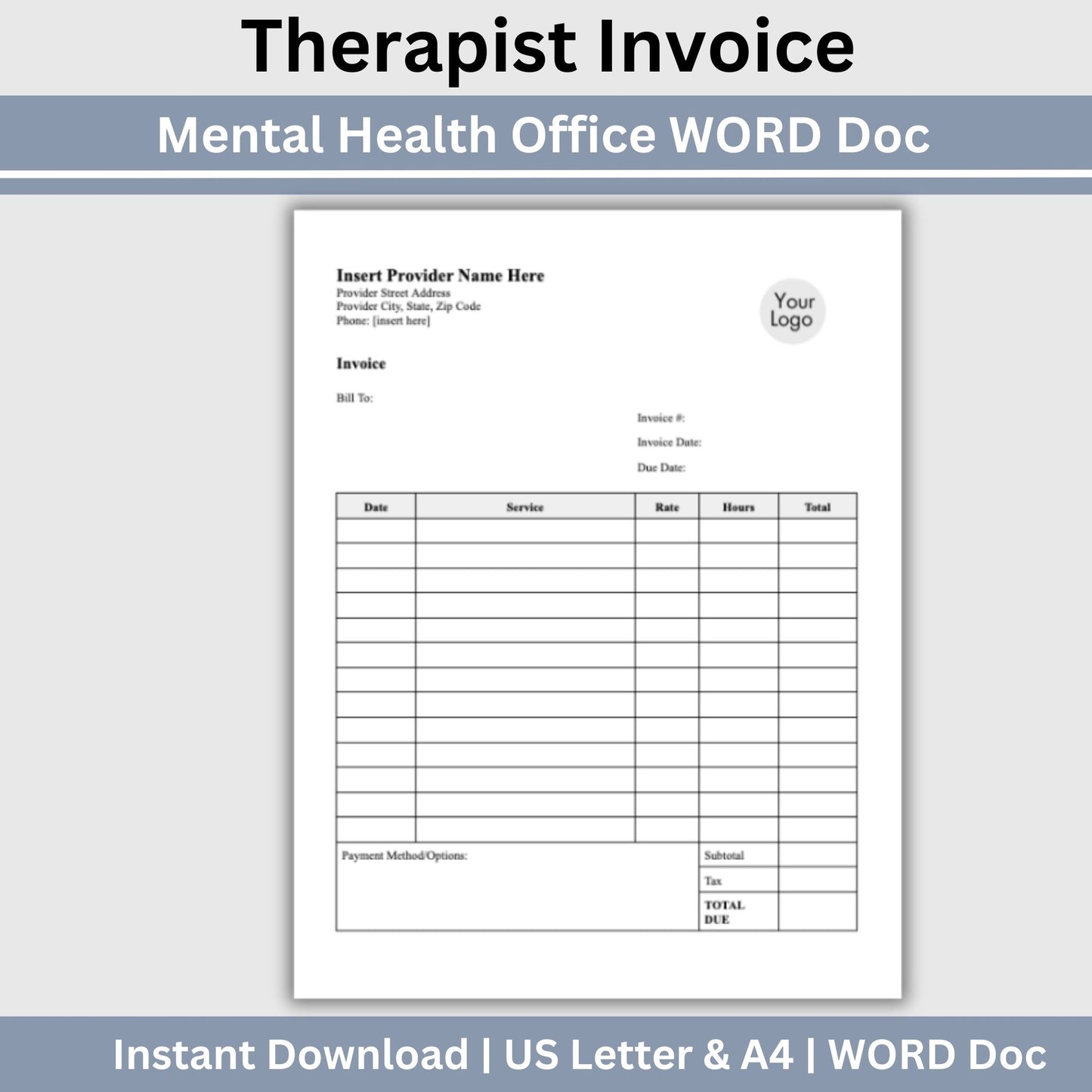 Invoice for billing in private practice.  Impress your clients with clear, concise, and personalized therapist office invoice that reflect your professionalism and attention to detail.