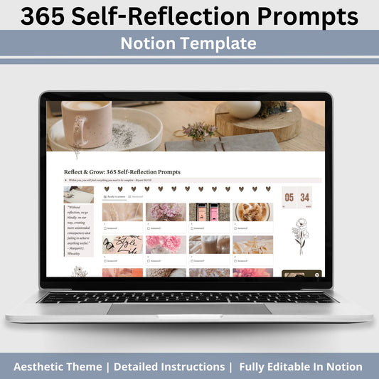 365 Self Reflection Journal Prompts Notion Template! This meticulously crafted digital journal is designed to empower and guide you on a transformative year-long journey of self-discovery and personal growth. 
