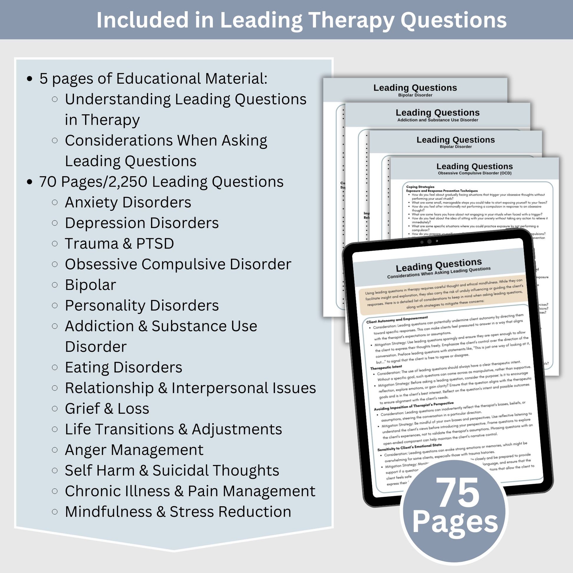 Therapy Questions Cheat Sheet, Counselors Leading Questions & Conversation Starters, Open-Ended Questions for Psychotherapy Therapist Office, cheat sheet of  2,250 leading therapy questions deeper conversations and meaningful insights.