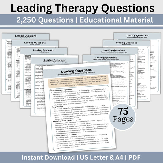 Therapy Questions Cheat Sheet, Counselors Leading Questions & Conversation Starters, Open-Ended Questions for Psychotherapy Therapist Office, cheat sheet of  2,250 leading therapy questions deeper conversations and meaningful insights.