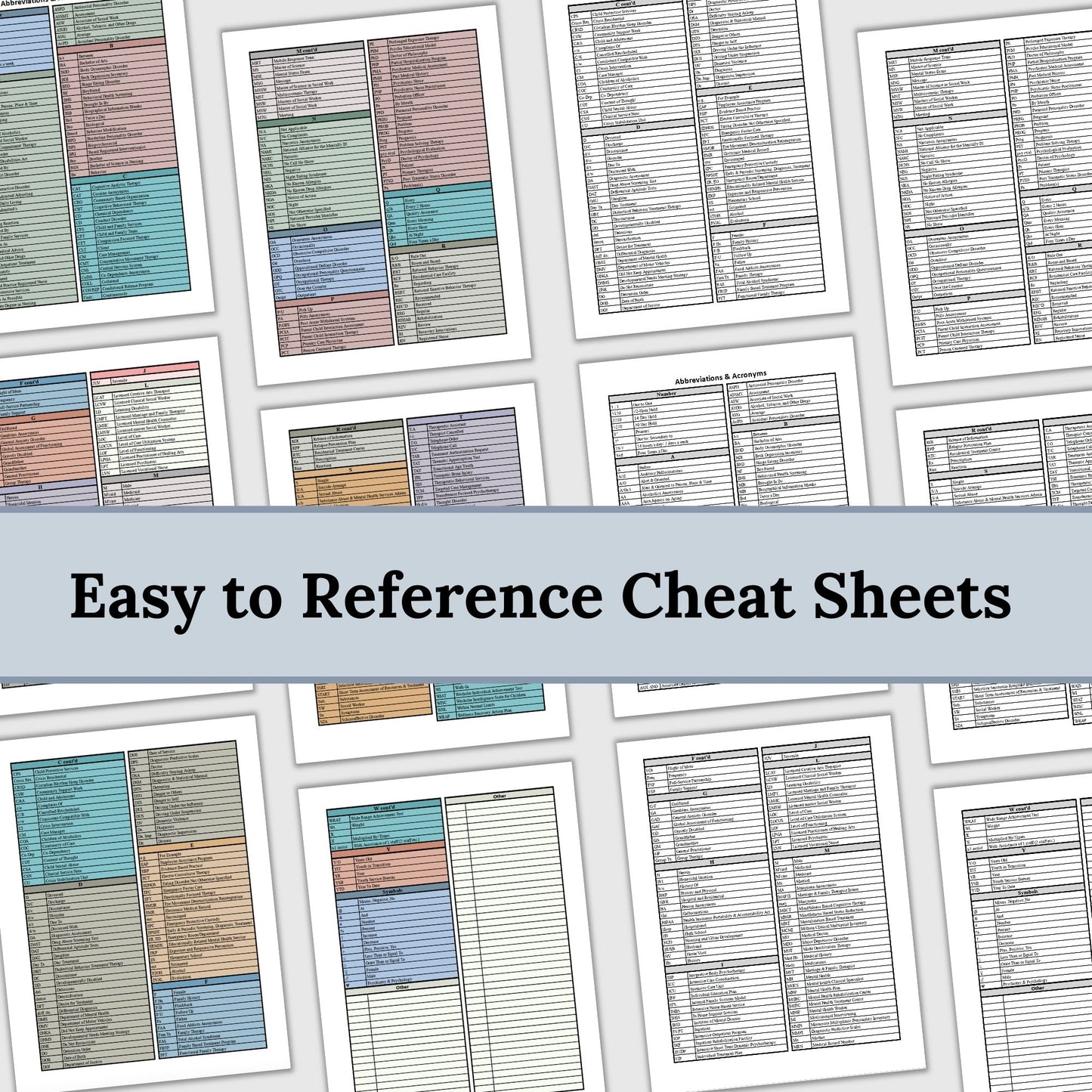 450+ abbreviations and acronyms commonly used in mental health private practice and counseling offices.  Organized alphabetically you can quickly reference this cheat sheet