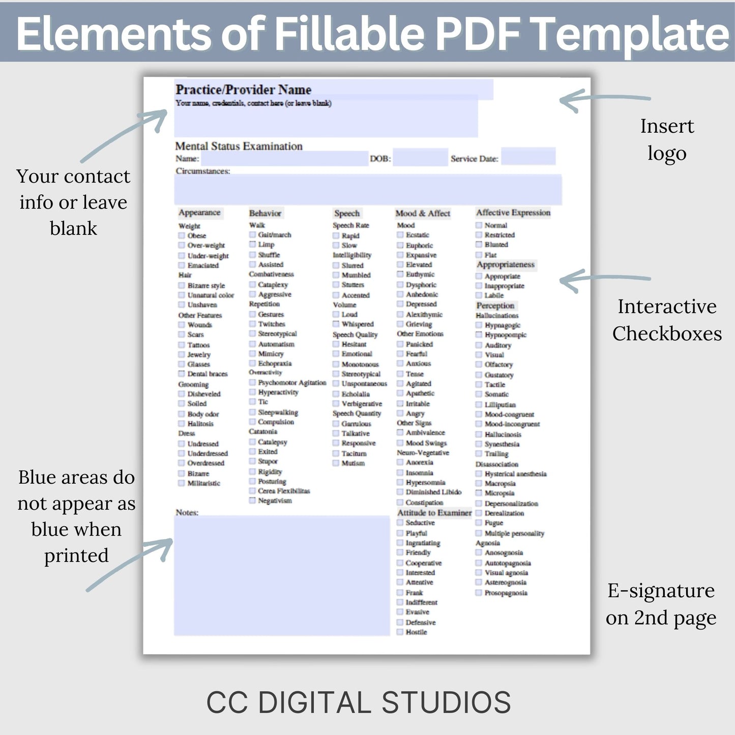 Mental Status Exam therapy notes fillable PDF template. Effortlessly streamline client onboarding with the therapy template. Tailored for therapists, school psychology and counselors