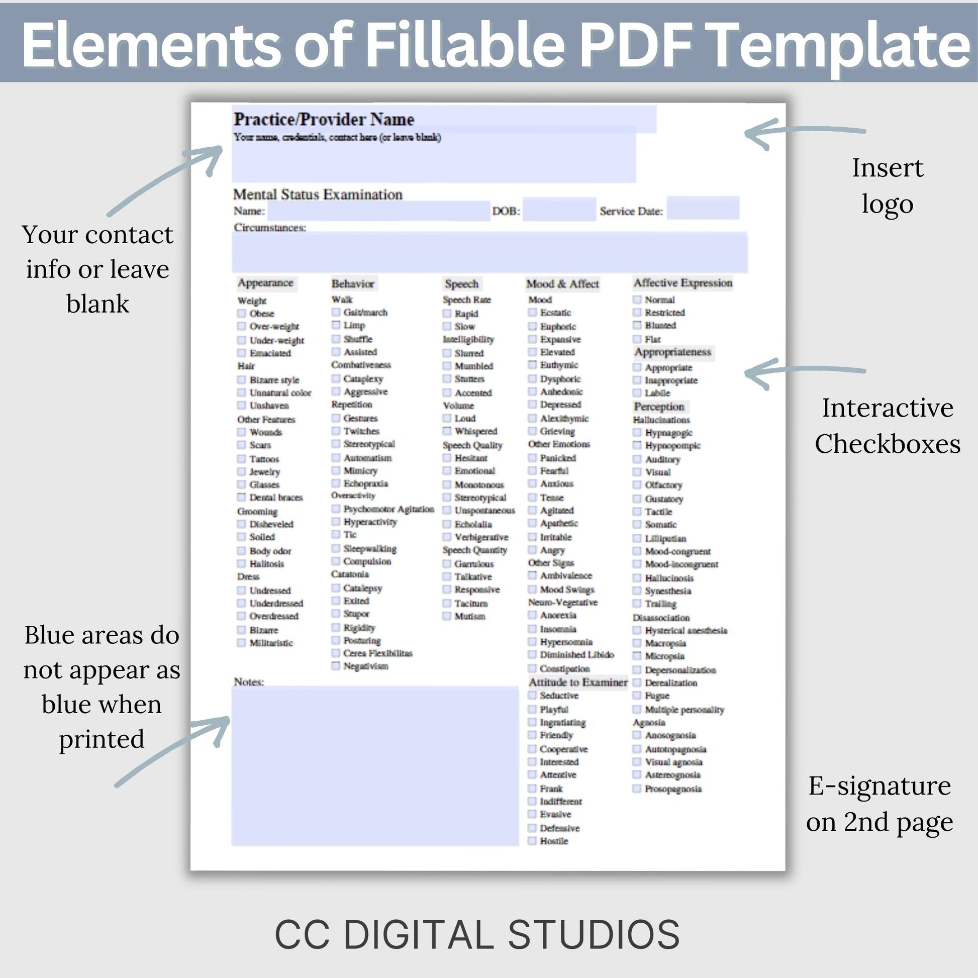 Mental Status Exam therapy notes fillable PDF template. Effortlessly streamline client onboarding with the therapy template. Tailored for therapists, school psychology and counselors